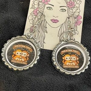 Cute Monkey Bottle Cap Dangle Earrings - Orange & Silver